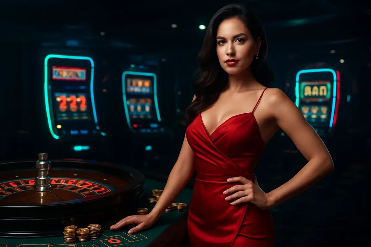 Beautiful woman in red dress standing confidently near roulette and slot machines with neon accents and luxury casino atmosphere