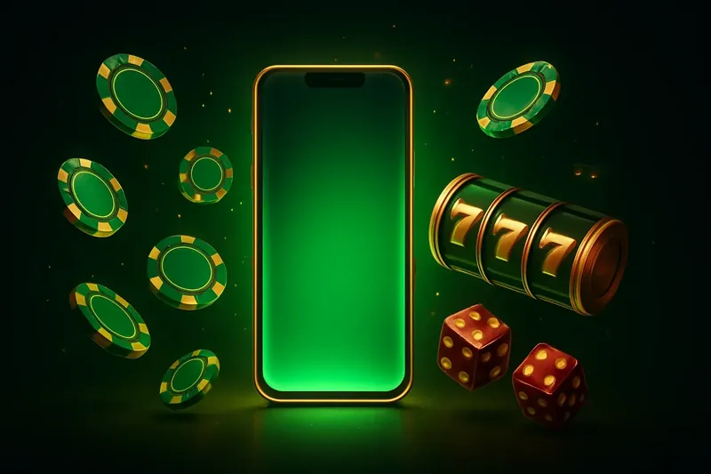 Glowing smartphone surrounded by casino chips, slot reels, and dice with neon green and gold accents